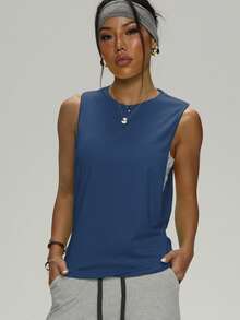 Tank Top Wanita Tanpa Lengan Warna Polos, Longgar, Tipis, Elastis, Cocok untuk Olahraga Musim Semi/Panas, Latihan di Gym, Lari, Aktivitas Luar Ruangan, Olahraga Santai, Gaya Sederhana, Leher Bulat - Navy Blue - View 3