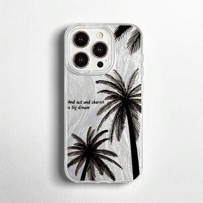 Svartvitt kokosnötsträdskog söt minimalistisk hawaiisk semesterstil IMD helkroppsstötsäker silver holografisk glänsande fjäder krusning laserglitterkonst telefonskal, internationell version för Galaxy A S Plus Ultra RENO Y Honor Lite Note