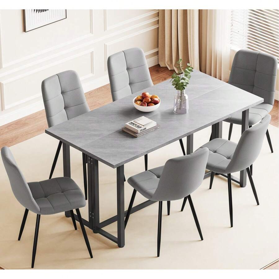 Dining Table And Chairs Set Of 4,Concrete Effect Folding Table With Upholstered Faxu Leather Chairs For Dining Room,Kitchen - Cement Gray Table + Linen Gray Chair - View 1