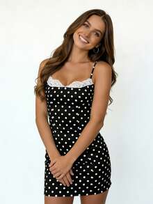 Vestido de fiesta sin mangas con tirantes finos y estampado de lunares para mujer, minivestido ajustado de encaje y patchwork, ideal para vacaciones y cócteles. - Negro - Ver 4