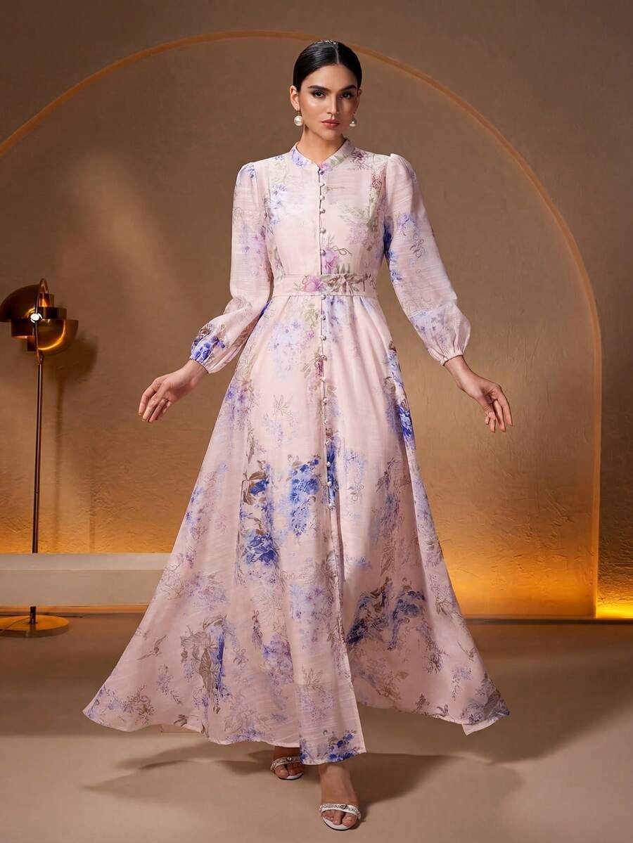 女士优雅长袖花叶印花两件套连衣裙,波西米亚风格,配腰带和纽扣,粉色度假正式晚礼服 - 粉色 - 查看 1