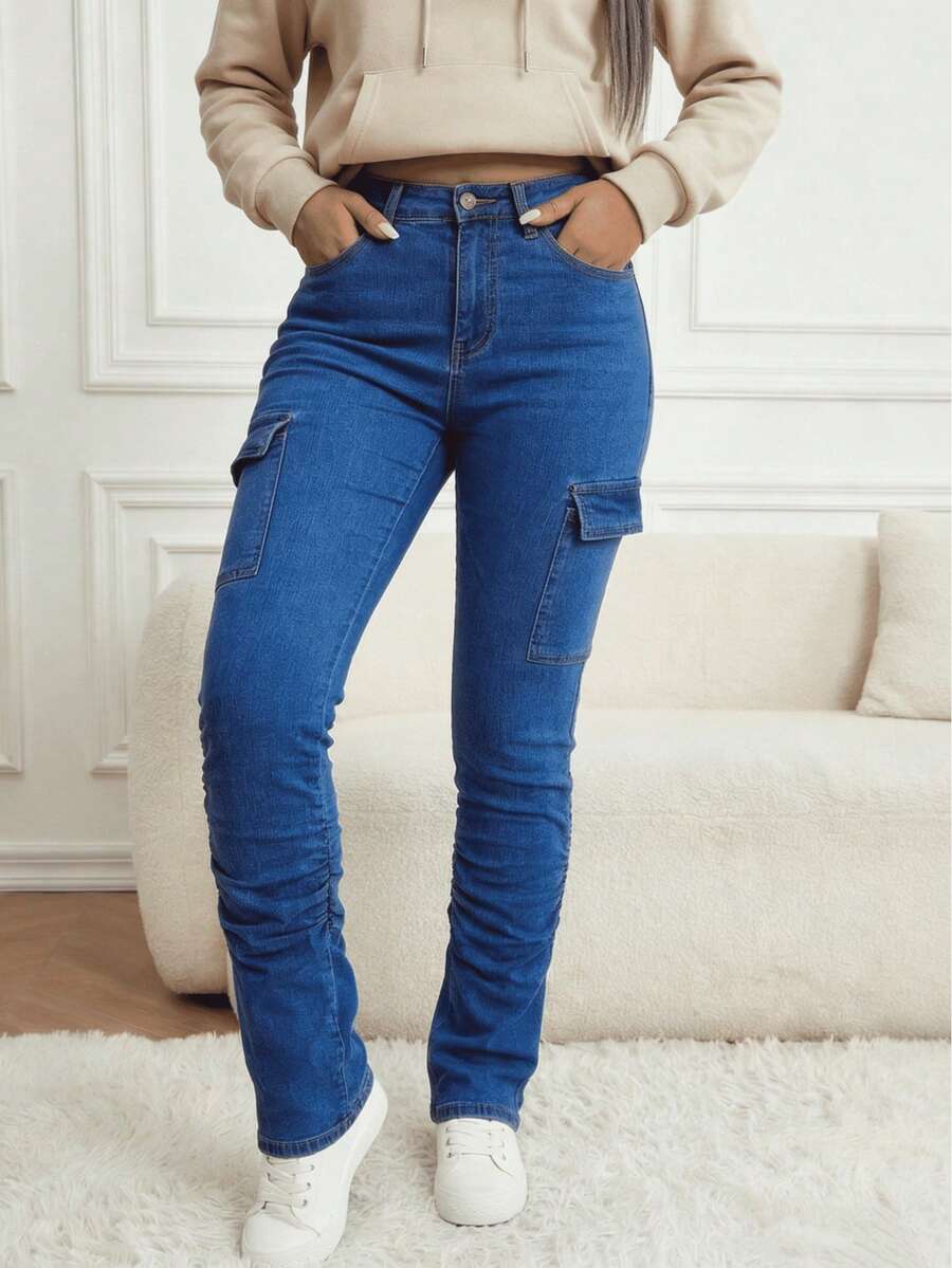 Women's Mid-Rise Stretch Denim Stack Jeans | Curvy-Fit Cargo Pocket Butt-Lifting Stretch Skinny Denim Pants - Dark Wash - View 1