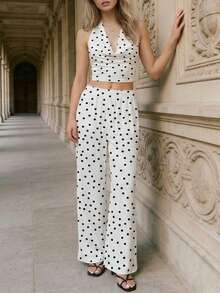 LOVE JOYY Bộ đồ nữ thời trang chấm bi cổ yếm màu trắng, áo croptop hai dây và quần ống rộng, set đồ phối hợp thoải mái cho kỳ nghỉ hè và những buổi hẹn hò thường ngày. - trắng - Xem 6