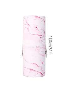 Portable Marble Pattern Makeup Brush Bucket, 1pc PU Leather Dustproof Cosmetic Storage Holder, Large Capacity Vanity Organizer For Travel & Daily Use - Baby Pink - View 10