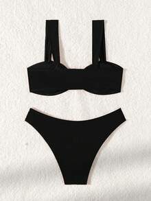 2pcs Sexy High Cut Skin Color Lingerie Set, Delicate Accessory Design, Spring/Summer Beach Vacation Black - Black - View 4