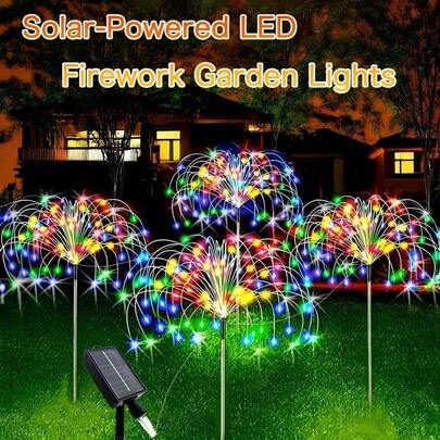 户外太阳能花园灯，8 种模式 4 包 320LED/240LED 铜线防水花园烟花灯带遥控器，240 LED 装饰闪光插地景观灯用于小路草坪装饰 1 包 60LED（彩色/暖白）