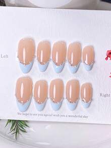 10片手工美甲贴纸，短指甲适用，法式杏仁形美甲，裸色、粉蓝色，清新柔美风格，提亮优雅，日常通勤必备，手绘粉蓝色法式甲尖搭配银色珠饰，包含美甲工具，适合女性和女孩，易于粘贴和卸除，杏仁形美甲贴纸 - 淺藍色 - 查看 2