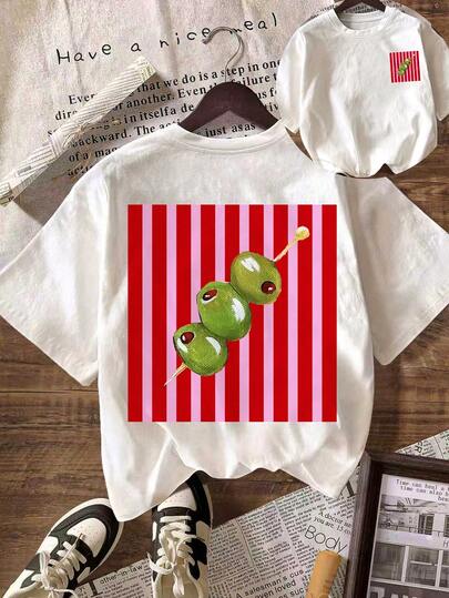 Striped Olive Color Block Graphic T-Shirt, Women's Casual Round Neck Short Sleeve Simple T-Shirt, Summer Vacation Beach Outfit