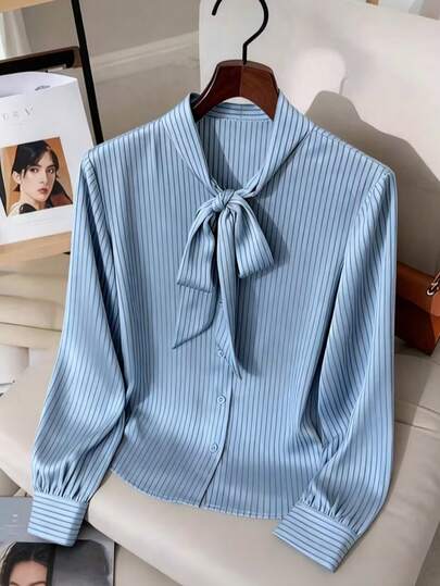女士优雅条纹翻领长袖梭织衬衫