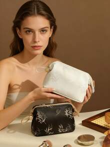 Bamboo Leaf Print Cosmetic Bag, Large Capacity Toiletry Bag, Retro Storage Bag, Portable Travel Makeup Bag, Multi-Function Makeup Bag, Luxury Leather Clutch, Commute Carry-On Storage Bag, Business Trip Toiletry Bag, Niche Design Makeup Bag, High-End Chinese Style Bag, Storage Bag, Portable Storage Bag, Chinese Aesthetic Cosmetic Bag - Multicolor - View 6