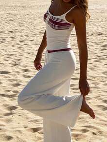 女士休闲简约蝴蝶结前襟无袖条纹针织上衣和抽绳腰松紧腰针织裤两件套，春夏款 - 紅色 - 查看 1