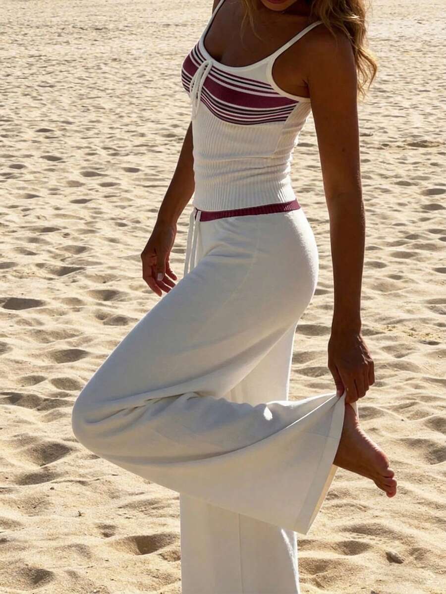 女士休闲简约蝴蝶结前襟无袖条纹针织上衣和抽绳腰松紧腰针织裤两件套，春夏款 - 紅色 - 查看 1