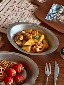 1pc Retro American Style 304 Stainless Steel Oval Plate, Western Dining Plate, Curry Rice Pasta Salad Plate, Cafe Tableware - View 3