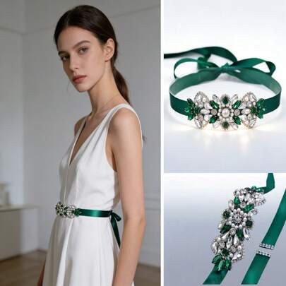 1 chiếc thắt lưng cô dâu sang trọng đính pha lê thủ công, phụ kiện thắt eo bằng satin cho tiệc tùng, dạ hội, đám cưới, váy dạ hội, màu xanh ngọc lục bảo.