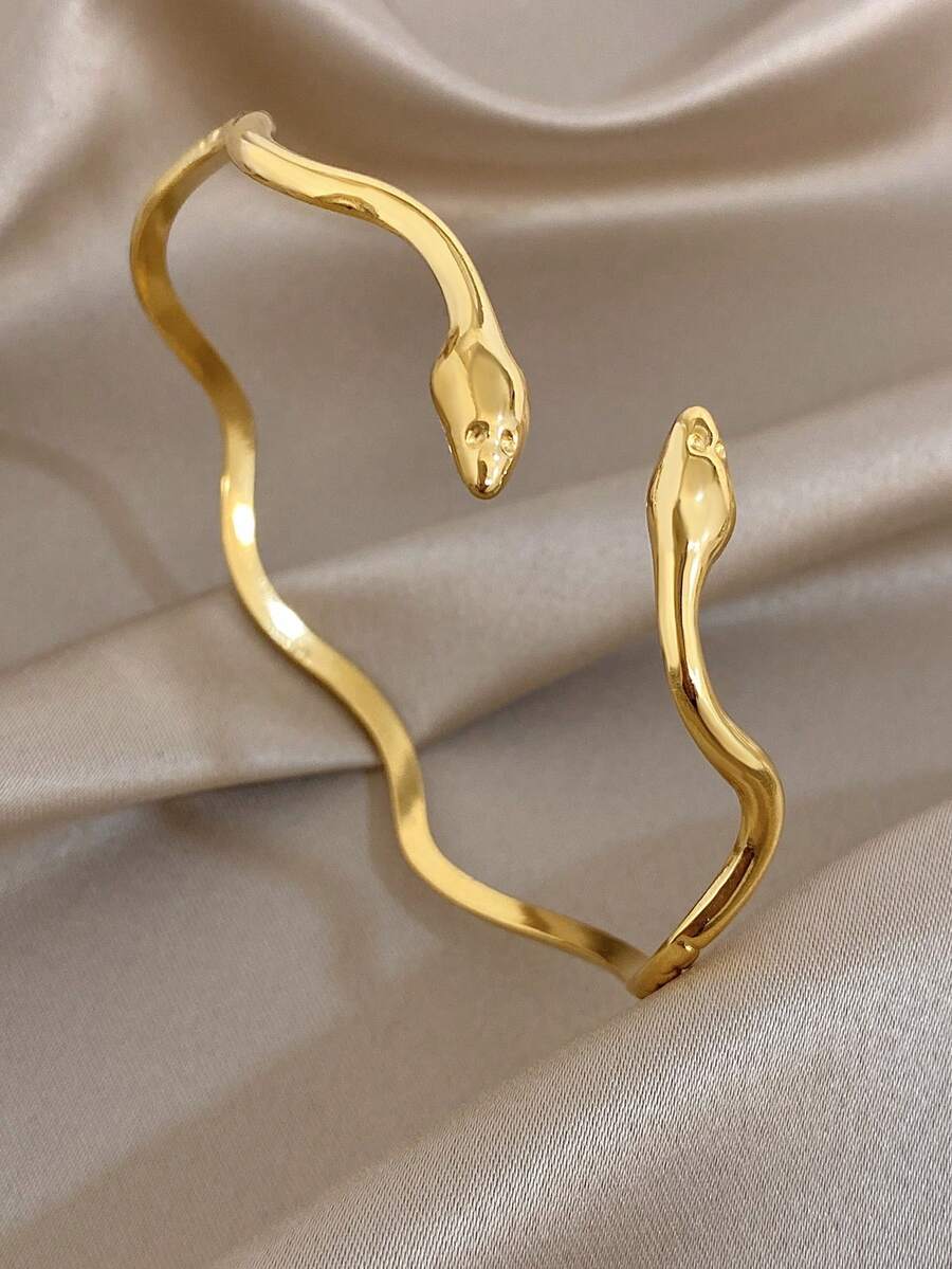 1pc Non-Adjustable Unique Hollow Stainless Steel Gold Bangle Bracelet, Suitable For Daily Wear, Party, Mother's Day, Valentine's Day, Wedding, Music Festival, Christmas, Jewelry Gift - Multicolor - View 1