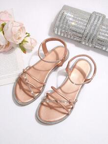 Fairy Style Rhinestone Buckle Sandals, Women's New Round Toe Thin Strap Elastic Back Flat Glitter Slides For Summer - Champagne - View 7
