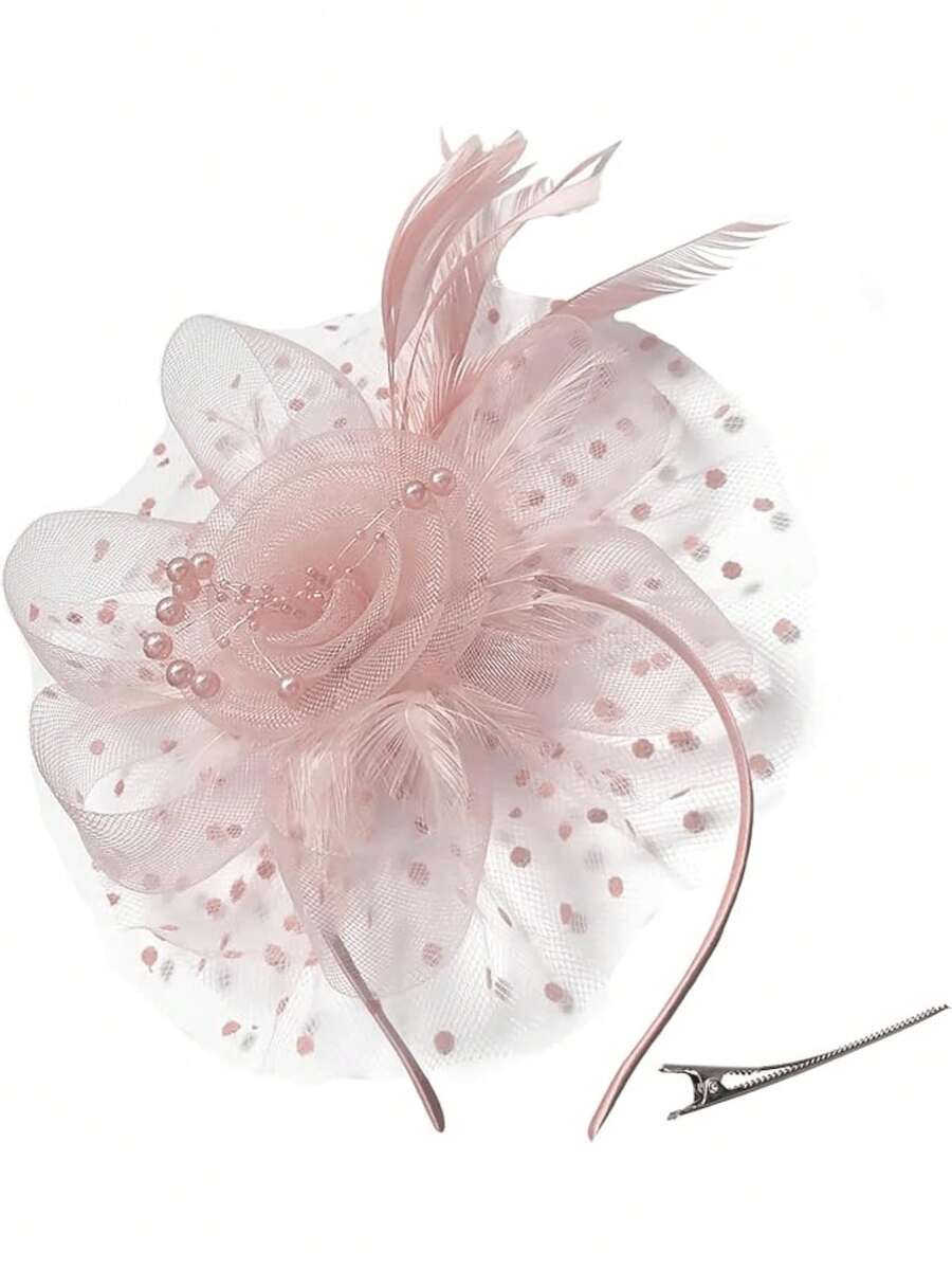 1pc Light Pink Floral Mesh Headpiece With Headband And Hair Clip, Suitable For Weddings, Tea Parties, Kentucky Derby And Other Occasions, Can Be Used As Headpiece, Gift, Hair Accessory, Evening Wear - Dusty Pink - View 1