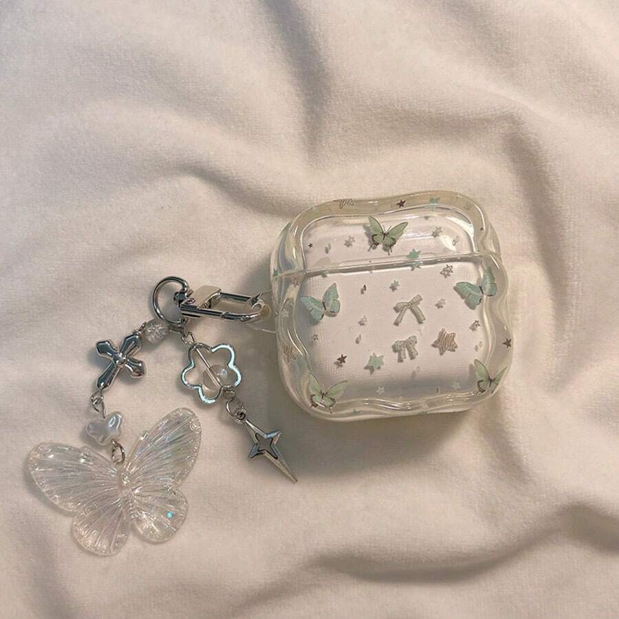 Hộp đựng tai nghe hình bướm bạc hà nhỏ xinh kèm phụ kiện treo hình bướm và ngôi sao, tương thích với hộp đựng tai nghe Apple 1/2/3/4/Pro/Pro2(ND)/Pro(3rd) - trắng - Xem 1