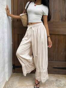 Women Vacation Lace Trim Wide Leg Cropped Pants Elastic Drawstring Waist Ruffle Hem Pants - 杏色 - 查看 4