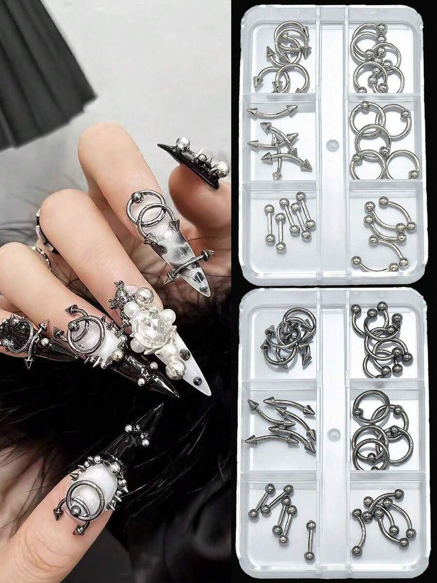 1 Box Assorted 3D Metal Nail Art Rivet Set, Punk Style Mini Metal Spikes Rivets, Cool Girl Rock Style Nail Decoration, DIY Nail Piercing Ring Decor Nail Supplies Nail Charms - Multicolor - View 1