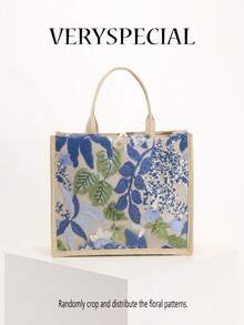 1pc Colorful Sequin & Mesh Patchwork Linen Tote Bag, Fashion Floral & Leaf Embroidery Design, Large Capacity Square Handbag, Casual Beach Vacation Shopping Bag (Floral Pattern Randomly Distributed) - Baby Blue - View 10
