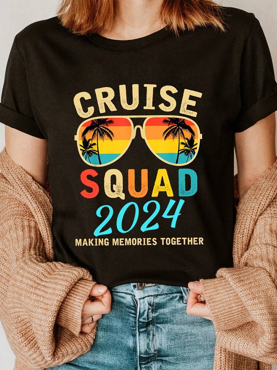 Camiseta de moda con estampado de letras amarillas y gafas, manga corta, cuello redondo, top casual para verano y primavera, ropa de mujer. - Negro - Ver 1