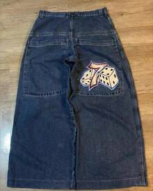 Men Men Retro Gothic High Waist Jeans Y2k Baggy Black Harajuku Hop Pattern Embroidered Blue Pants Wide Leg Jeans - 1 - 查看 4