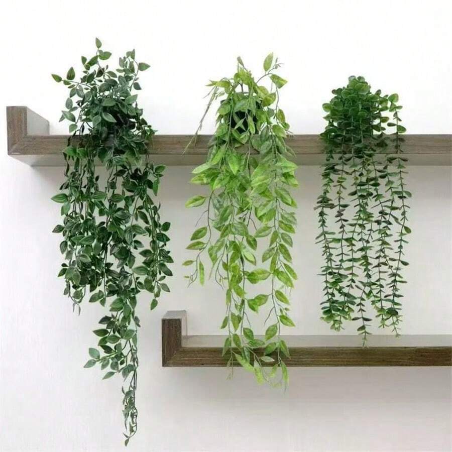 人造吊掛盆栽組合,竹葉、波斯蕨、豌豆莢、尤加利葉仿真植物盆栽,適合裝飾居家房間、室內層架、戶外牆面花園裝飾、露台層架裝飾 - 綠色 - 查看 1