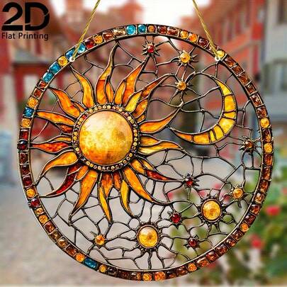 1 chiếc đồ trang trí treo tường hình mặt trời và mặt trăng 2D bằng acrylic, họa tiết thiên thể huyền bí cho cửa sổ, tường trong nhà và ngoài trời, trang trí nội thất nhà theo phong cách kính màu.