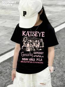 Local Spring And Autumn Style Crewneck Short-Sleeve Girls' Shirt - KATSEYE Members - Printed Design Crewneck T-Shirt, Patterned T-Shirt Pullover, Girls' Top. Made Of 100% Pure Cotton Soft Fabric, It Is Suitable As A Gift For Children On Back-To-School, Gatherings, Outdoor Activities Or Trips. - 黑色 - 查看 1