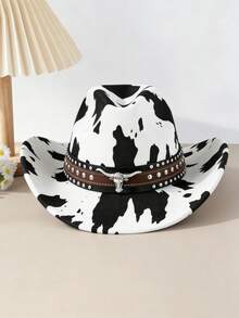 Mũ cao bồi unisex bằng polyester in hình bò sữa - đính đinh tán da và trang trí đầu lâu bò, thích hợp cho cưỡi ngựa, du lịch ngoài trời, tiệc cao bồi và sử dụng hàng ngày. - Mũ bò trắng hình tam giác - Xem 10