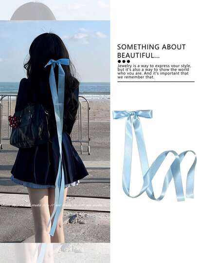 1pc Blue Ribbon Hair Clip, Sweet Blue Long Ribbon Bow Hair Accessory, 2026 New Beach Photography Decor, Travel Hair Clip