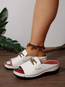 2026 New Wide Fit Minimalist Thick Platform Comfortable Lightweight Sandals, White Color, Casual, Beach, Vacation, Daily Wear, Plus Size Women Shoes - White PU Sheet - Square Metal Buckle - View 4