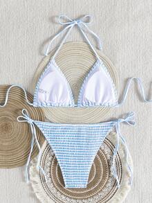 Bikini de dos piezas con estampado de leopardo fruncido y cuello halter, conjunto de baño con tiras anudadas estilo europeo, superventas todo el año para fiestas en la playa - Fondo blanco con rayas azules - Ver 9