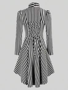 Damen Langarmhemd, Business Casual vorne kurz hinten lang, modisch elegante Pendlerkleidung, gestreifter Muster taillierter Rüschenkragen, geeignet für alle Jahreszeiten Frühling - Mischfarben - Übersicht 2