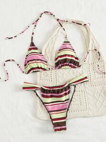 Ensemble de bikini sexy minimaliste chic pour femmes, deux pièces, imprimé rayé, bikini à col ras-du-cou avec liens, pour la plage, les vacances, les sorties, nouvelle arrivée printemps/été - Bande verte de café - Voir 4