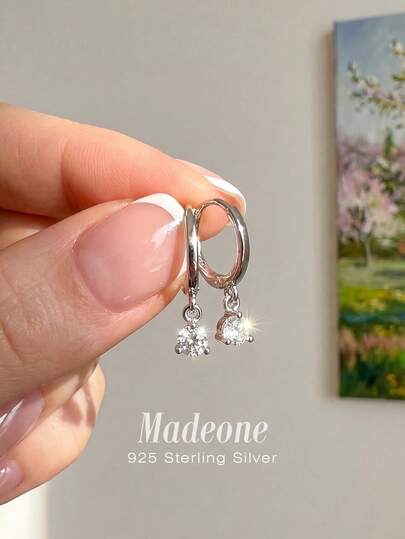 Stylever 1 Đôi bông tai đá Zirconia sáng bóng, chất liệu bạc 925, bông tai thanh lịch, trang sức nữ, phụ kiện tinh tế, quà tặng dự tiệc, đeo hàng ngày.