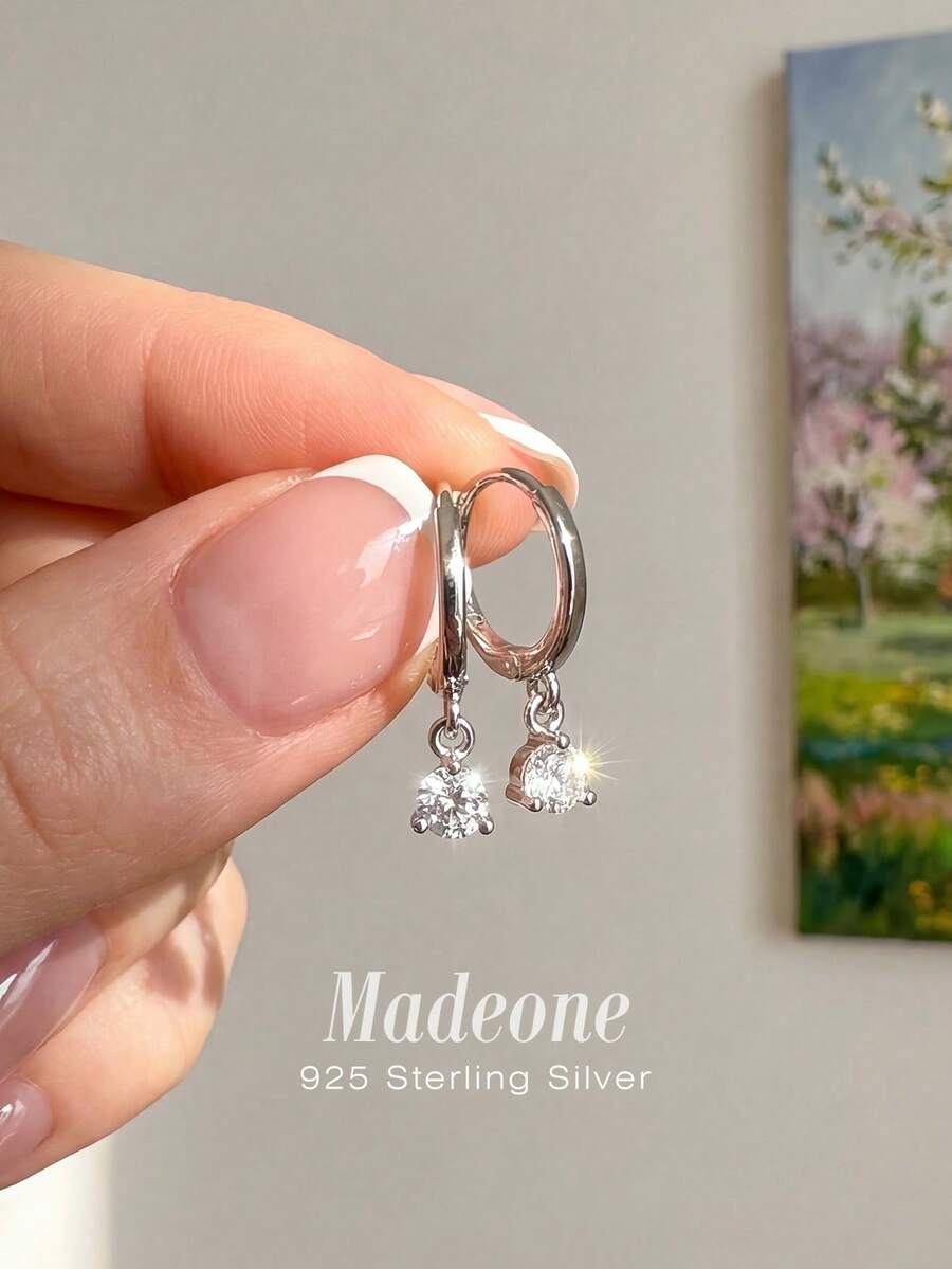 Stylever 1 Đôi bông tai đá Zirconia sáng bóng, chất liệu bạc 925, bông tai thanh lịch, trang sức nữ, phụ kiện tinh tế, quà tặng dự tiệc, đeo hàng ngày. - phong cách 5 - Xem 1