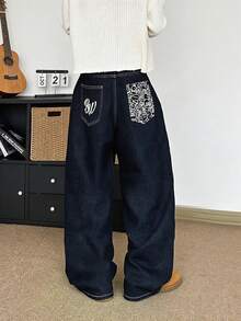 Jeans holgados y sueltos con bordado en inglés en el bolsillo trasero para adolescentes y jóvenes - Azul - Ver 5