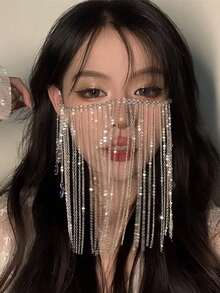1pc Exquisite & Appealing Face With Tassel Decor And Earring Hook, Photo Props, Suitable Masquerade, Festivals And Parties Back To School - 銀色 - 查看 1