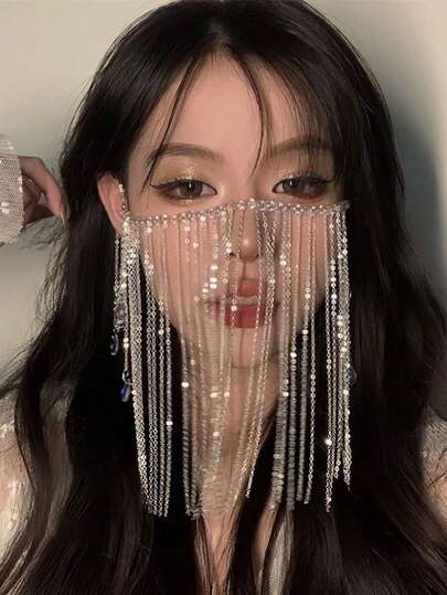 1pc Exquisite & Appealing Face With Tassel Decor And Earring Hook, Photo Props, Suitable Masquerade, Festivals And Parties Back To School