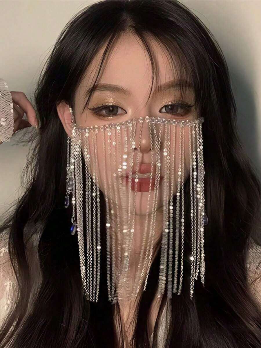 1pc Exquisite & Appealing Face With Tassel Decor And Earring Hook, Photo Props, Suitable Masquerade, Festivals And Parties Back To School - 銀色 - 查看 1