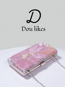 1pc Sequin Embroidered Evening Clutch Bag, Floral Sequin & Embroidery Design, Elegant Engagement Handbag For Cheongsam Dress, With Metal Chain, Suitable For Party, Wedding, Prom, Banquet - Hồng - Xem 4