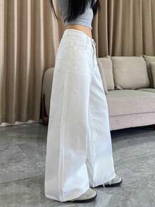 1 chiếc quần jeans nữ ống rộng dáng suông, thoải mái, phong cách đường phố Mỹ, đa năng cho mọi mùa (Không bao gồm thắt lưng/phụ kiện) Màu trắng - trắng - Xem 5