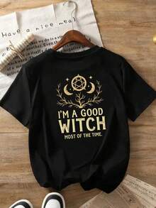 Printed T-Shirt With Front And Back Designs, Witch And Good Witch Patterns, Women's Round-Neck Casual Short-Sleeve,  And Fashionable Casual Style, Women's Double-Sided Printed Top - 黑色 - 查看 4