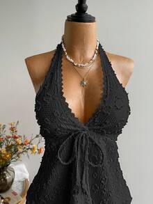 Rusttydustty 女士休闲度假波西米亚风露背吊带上衣（黑色） - 黑色 - 查看 5