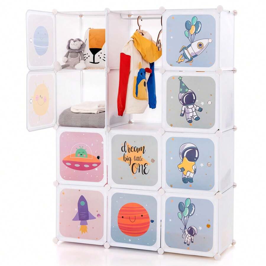 COSTWAY Portable Children Wardrobe With 12 Cubes And 2 Clothes Hanging Section, White - White - View 1