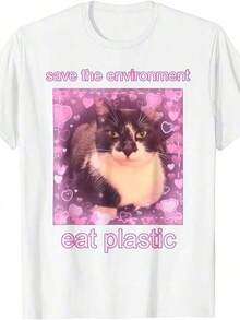 T-shirt à manches courtes oversize en coton imprimé << See The Environment Eat Plastic », motif chat mignon et humoristique, idéal pour les femmes. - Blanc - Voir 8