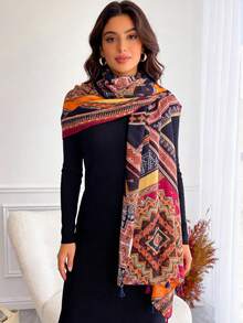 1pc Women's Bohemian Geometric Patchwork Balinese Chiffon Tassel Print Scarf - Multicolor - View 3