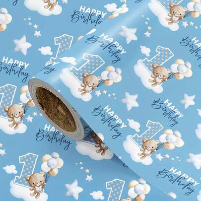 5/10张生日主题包装纸，28.5*42厘米，蓝色背景，印有小熊、星星和数字图案，适用于一周岁生日礼物包装、生日派对装饰、复古生日主题布置、生日甜点桌等。